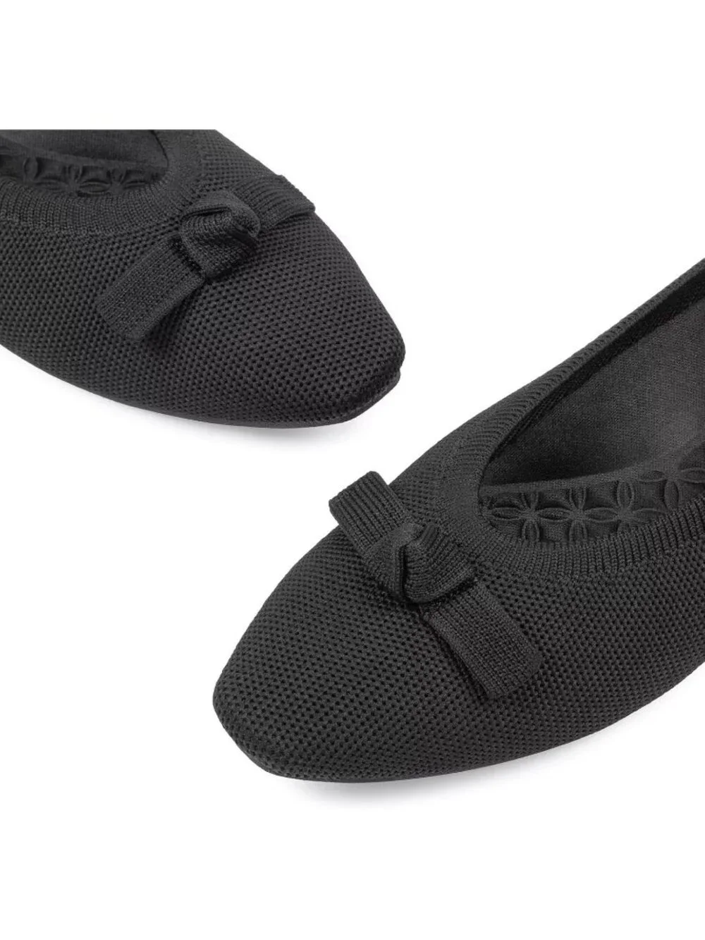 Frank Mully Women's Black Solid Rubber Knit Squared Toe Bow Slip On Ballet Flats
